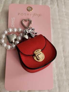 Red Mini Saddle Bag Charm Keychain w Gold Hardware, Pearls, & Silver Charms NWT